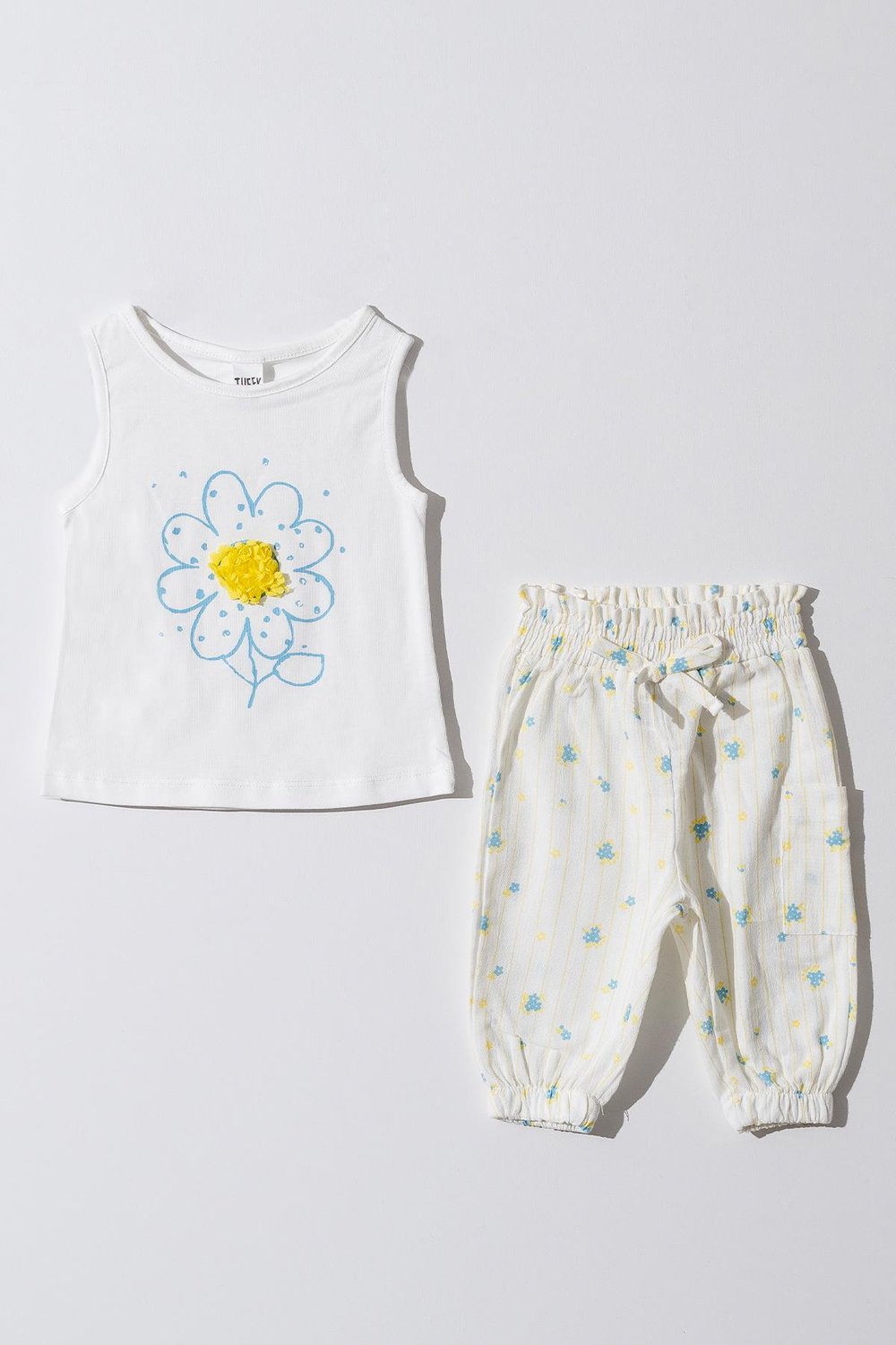 Kız Bebek Çocuk Beyaz Papatya Desenli Müslin Pantalonlu Takım