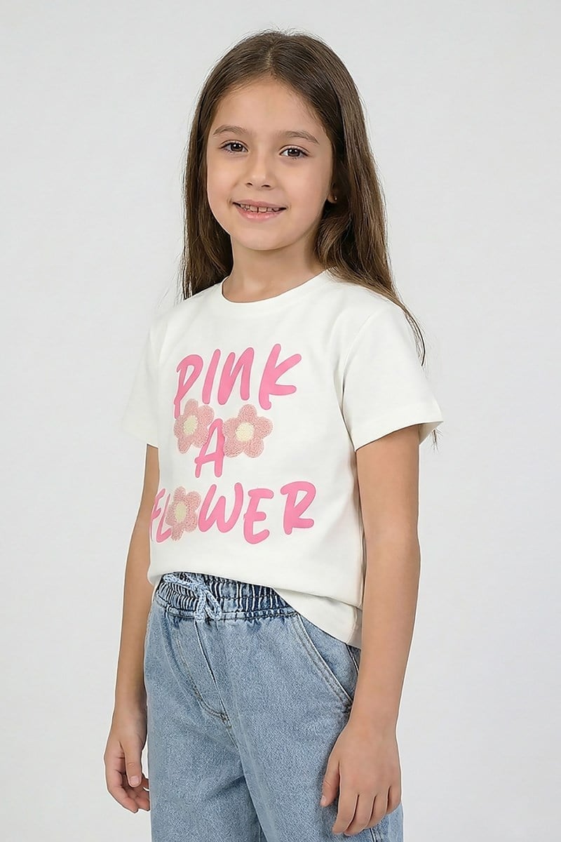 Kız Çocuk Çiçek İşlemeli Tshirt Pembe 4-9 Yaş