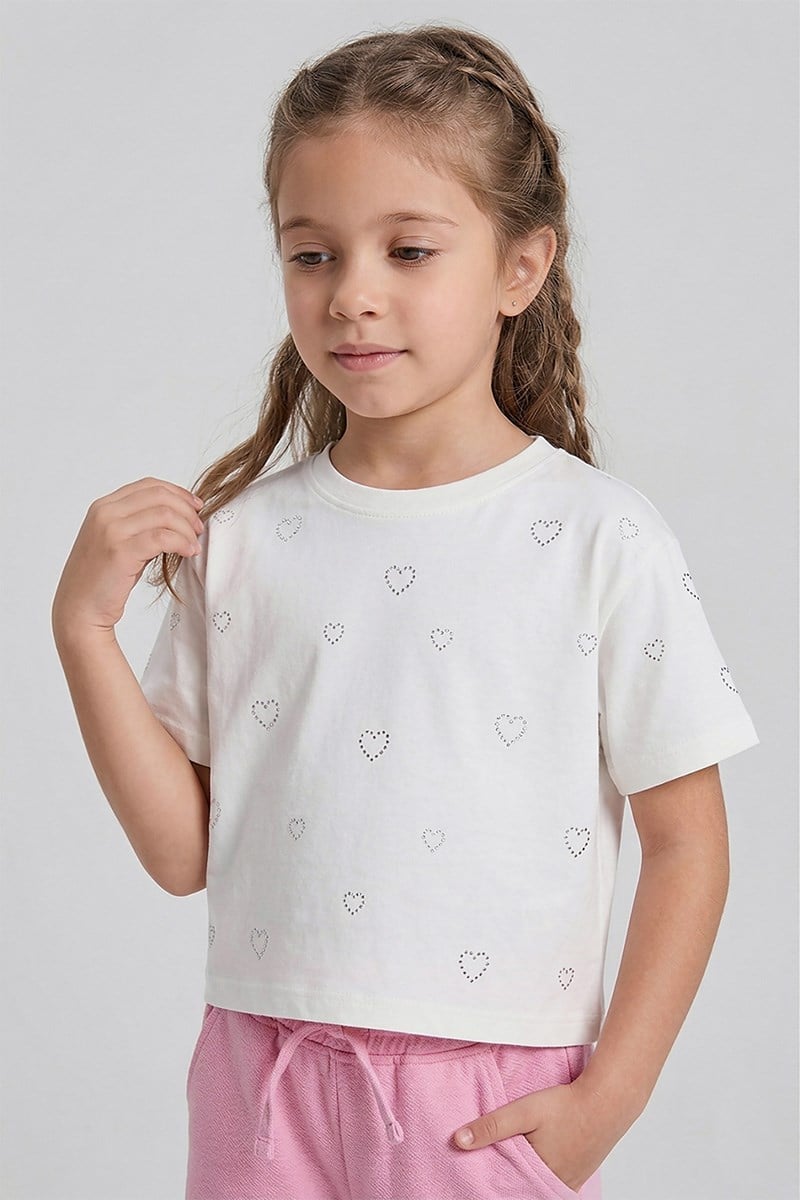 Kız Çocuk Crop Taşlı Kalp Desenli Tshirt Ekru 4- 9 Yaş