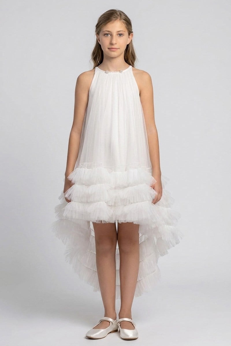 Kız Çocuk Katmanlı Tül Pelerinli Doğum Günü - Parti - MezuniyetElbisesi 8-14 YAŞ 36125PR-Ekru