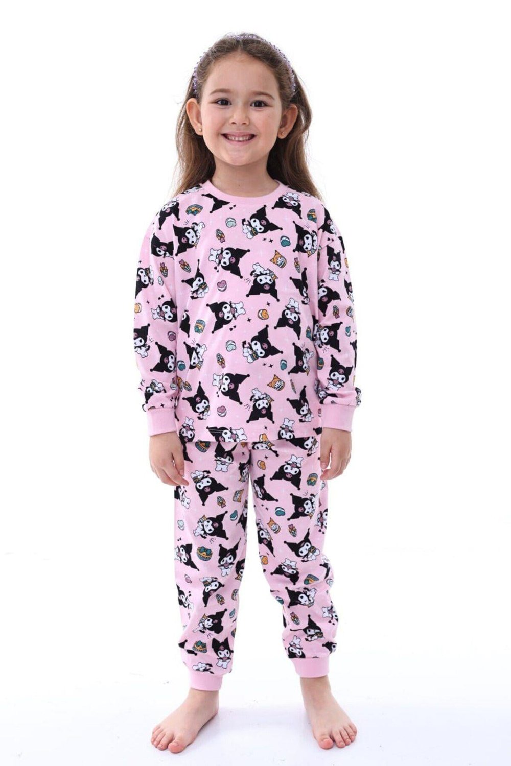 Kız Çocuk Kedi Desenli Uzun Kollu Pijama Takımı