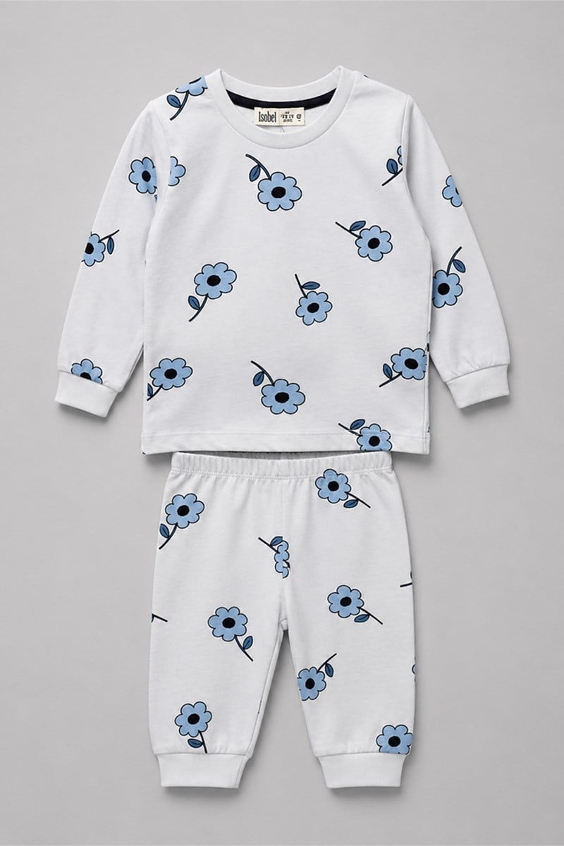Kız Çocuk Mavi Çiçekli Desenli Uzun Kollu Pijama Takımı