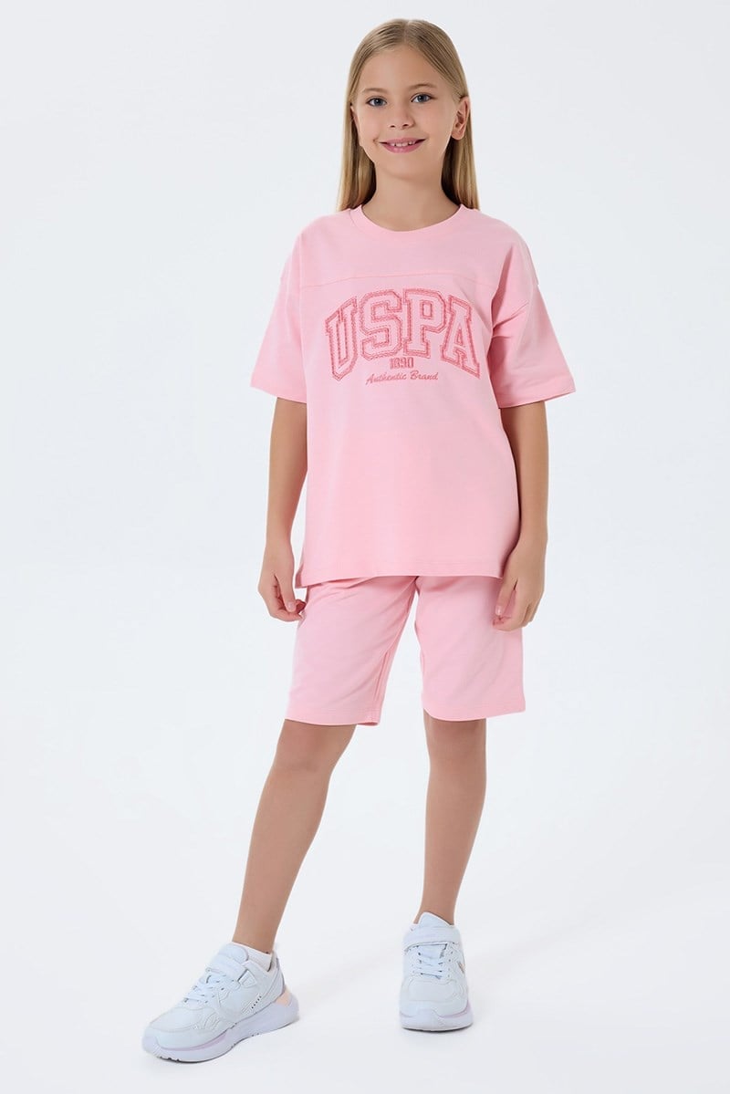 U.S. Polo Assn Kız Çocuk  2 li Şort T-shirt Takım Somon