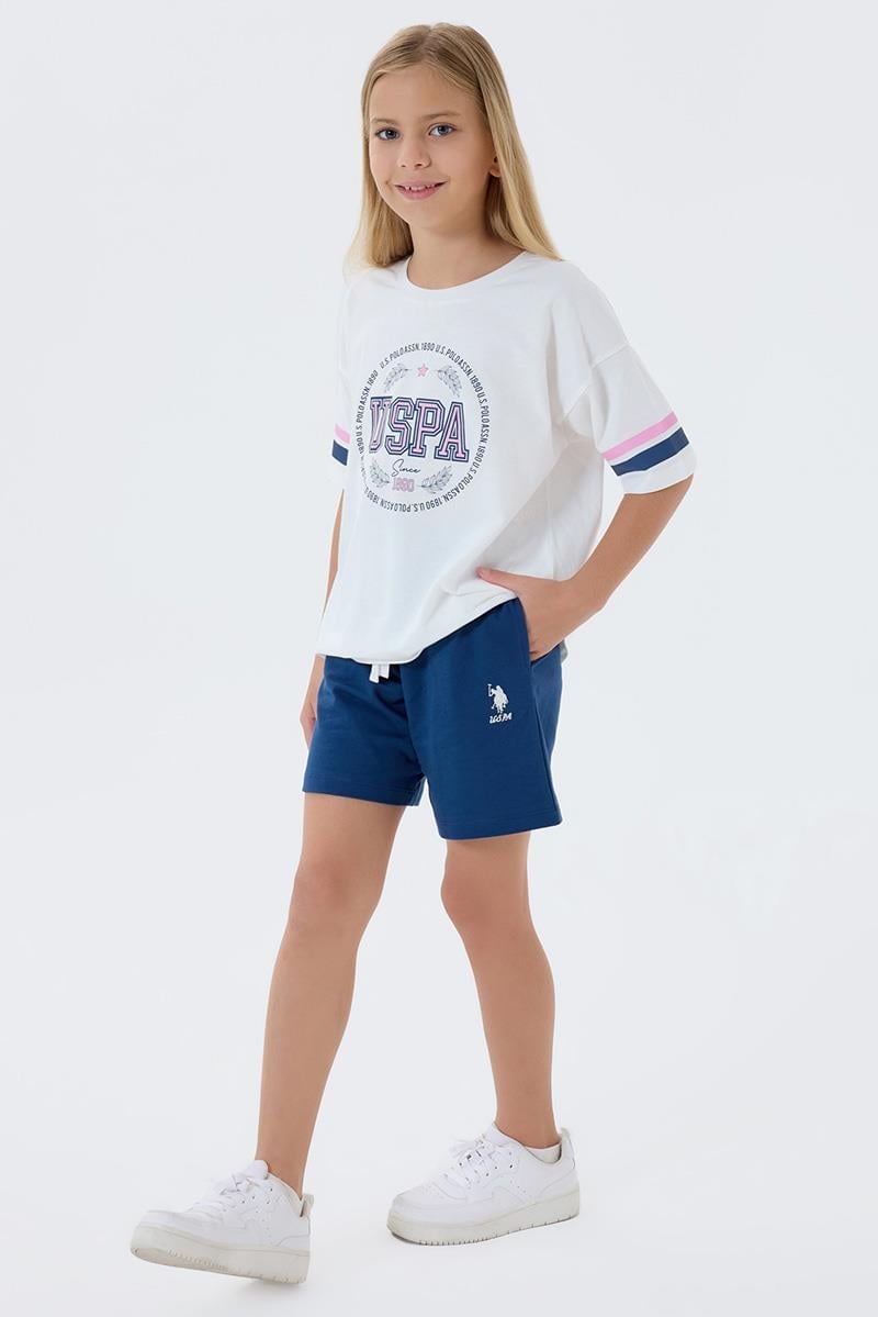 U.S. Polo Assn Kız Çocuk  2 li Şort T-şhirt Takım Beyaz