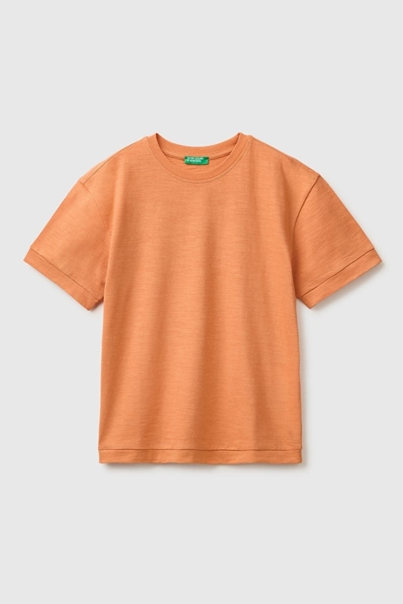 United Colors of Benetton Erkek Çocuk Turuncu Arkası Baskı Detaylı Bisiklet Yaka T-Shirt 6-14 Yaş 