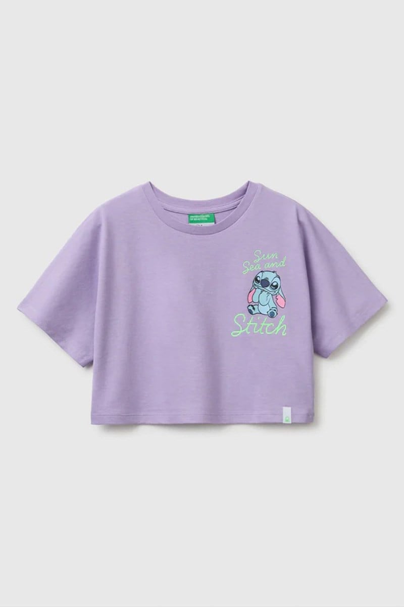 United Colors of Benetton Kız Çocuk Lilo & Stitch Baskı Detaylı Crop T-Shirt Lila 6-13 Yaş