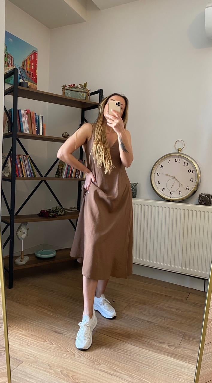 Orj Marka Tencel Kumaş İp Askılı Elbise Kahve