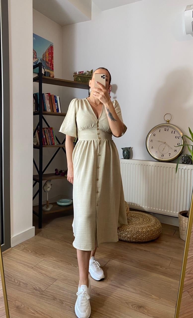 Tencel Kumaş Yarım Kol Düğmeli Elbise Bej