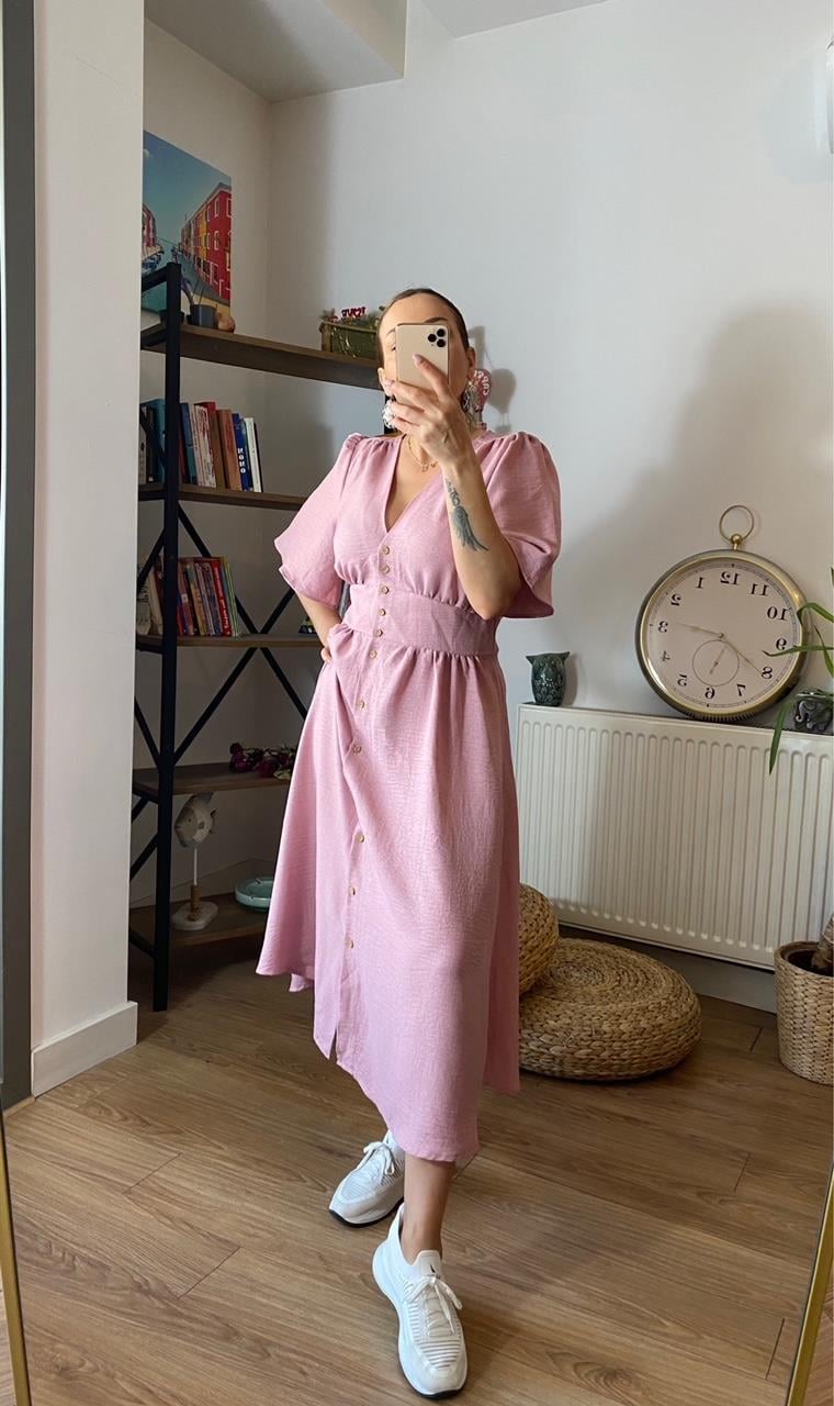 Tencel Kumaş Yarım Kol Düğmeli Elbise Pembe