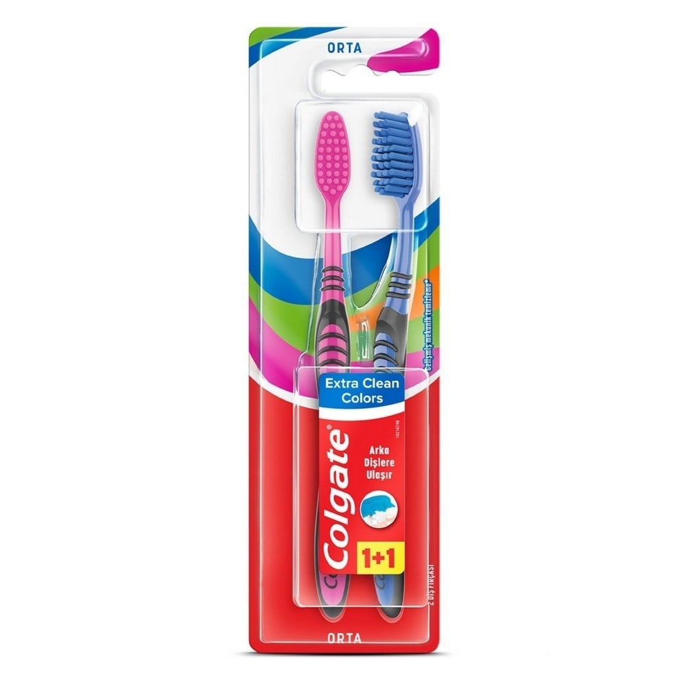 Colgate Extra Clean Colors 1+1 Diş Fırçası Orta x12 li Paket