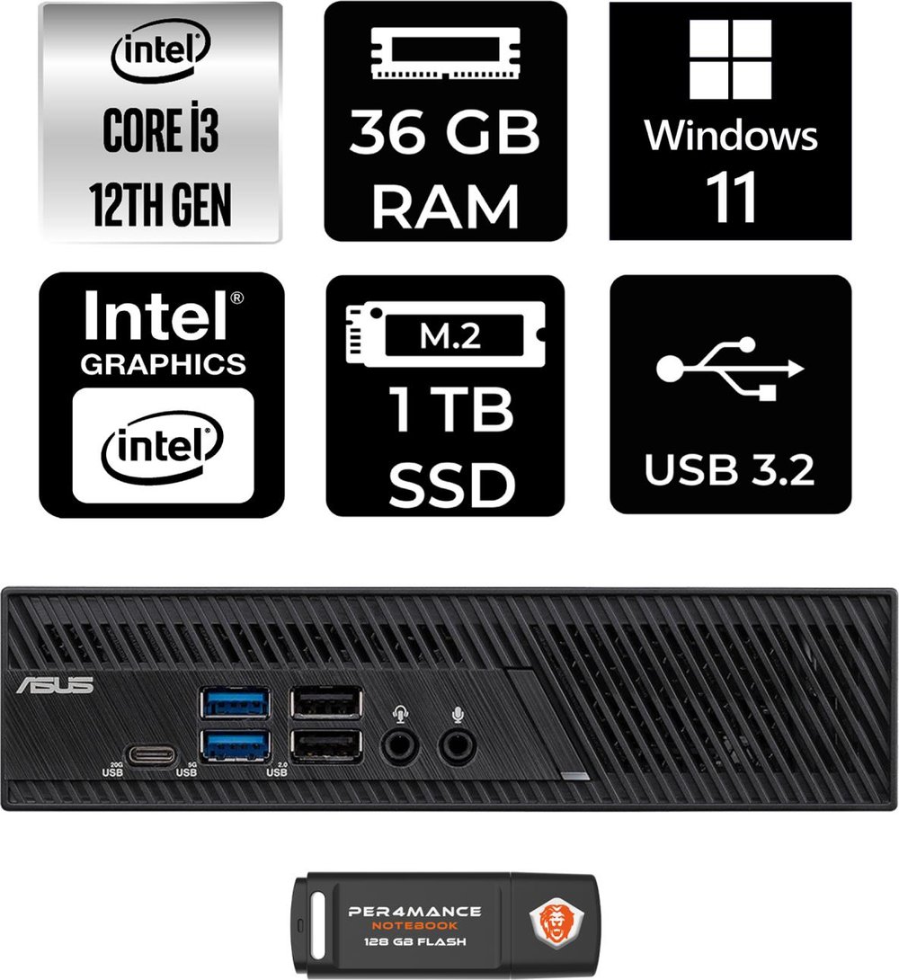Asus PB63 Intel Core I3 13100 36GB 1tb SSD W11P Mini Pc & Per4 USB Bellek PN63P1383