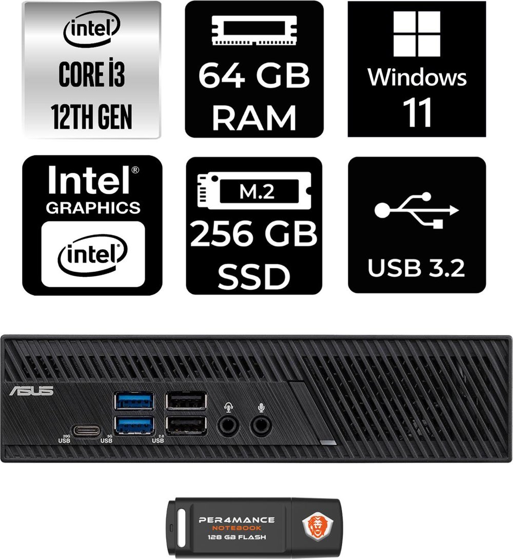Asus PB63 Intel Core I3 13100 64GB 256GB SSD W11H Mini Pc & Per4 USB Bellek PB63P1346