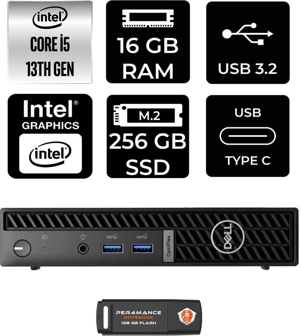Dell Optiplex 7010MFF Intel Core I5 13500T 16GB 256GB SSD Fdos N002O7010MFF Mini Pc & Per4 USB Bellek N002O7010MFFP311