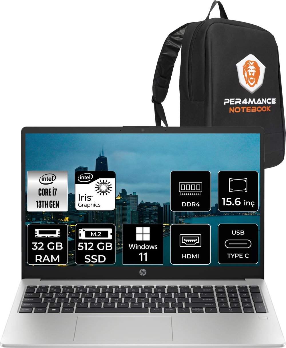 Hp 250 G10 Intel Core I7 1355U 32GB 512GB SSD 15.6'' Fhd W11H Taşınabilir Bilgisayar 8A541EA & Per4 Çanta 8A541EAP377