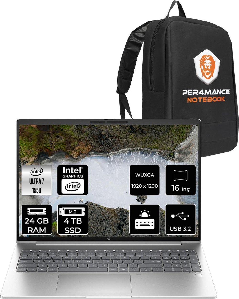 Hp Probook 460 Intel Core Ultra 7 155U 24GB 4tb SSD 16'' Fhd+ Fdos Taşınabilir Bilgisayar & Per4 Çanta A23BCEAPN315