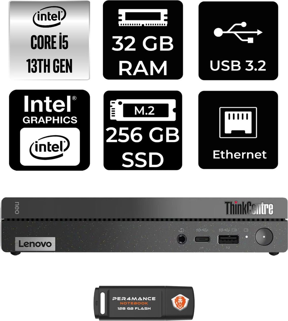 Lenovo Thinkcentre 50Q Gen 4 Intel Core I5 13420H 32GB 256GB SSD Fdos 12LN0048TR Mini Pc & Per4 USB Bellek 12LN0048TRP326