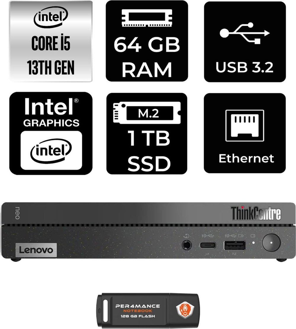 Lenovo Thinkcentre 50Q Gen 4 Intel Core I5 13420H 64GB 1tb SSD Fdos 12LN0048TR Mini Pc & Per4 USB Bellek 12LN0048TRP348