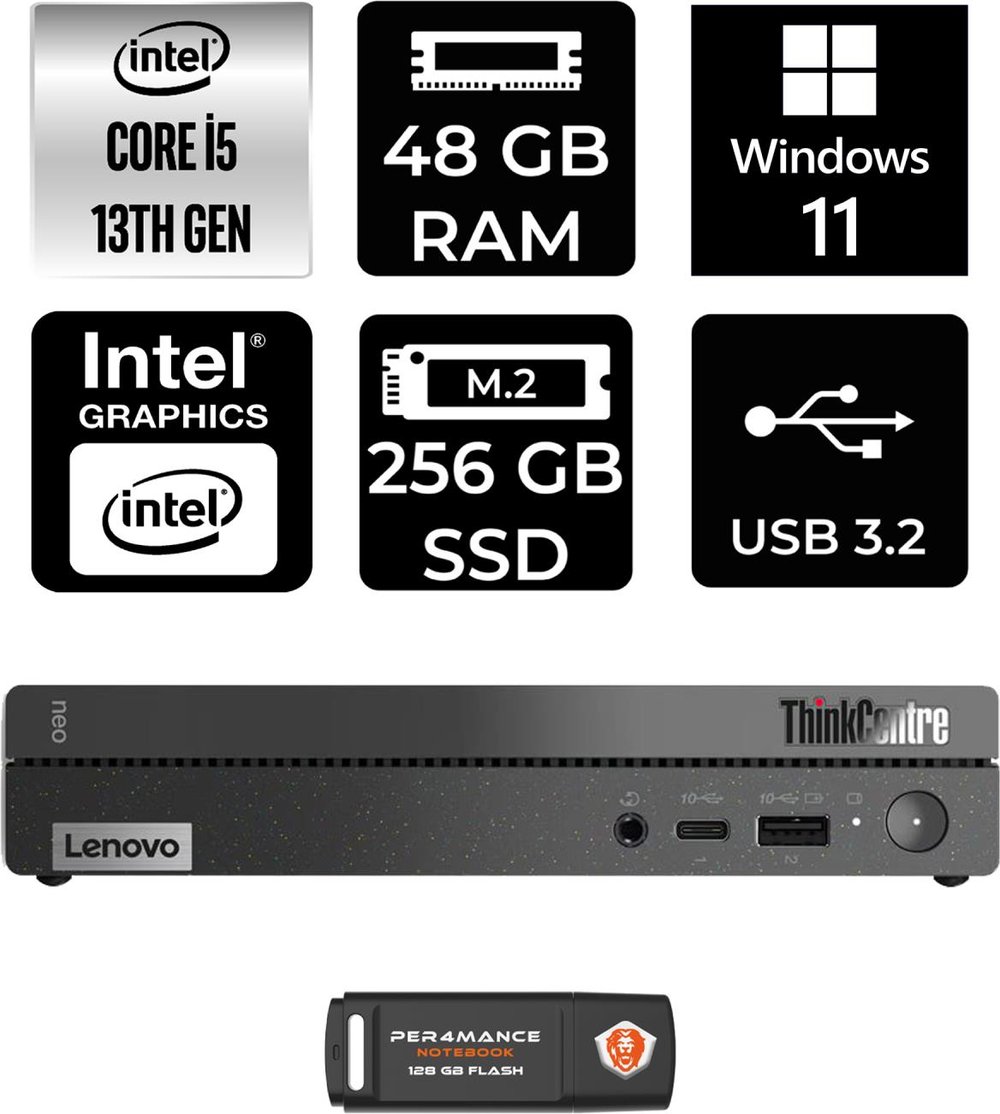 Lenovo Thinkcentre 50Q Gen 4 Intel Core I5 13420H 48GB 256GB SSD W11H 12LN0048TR Mini Pc & Per4 USB Bellek 12LN0048TRP391
