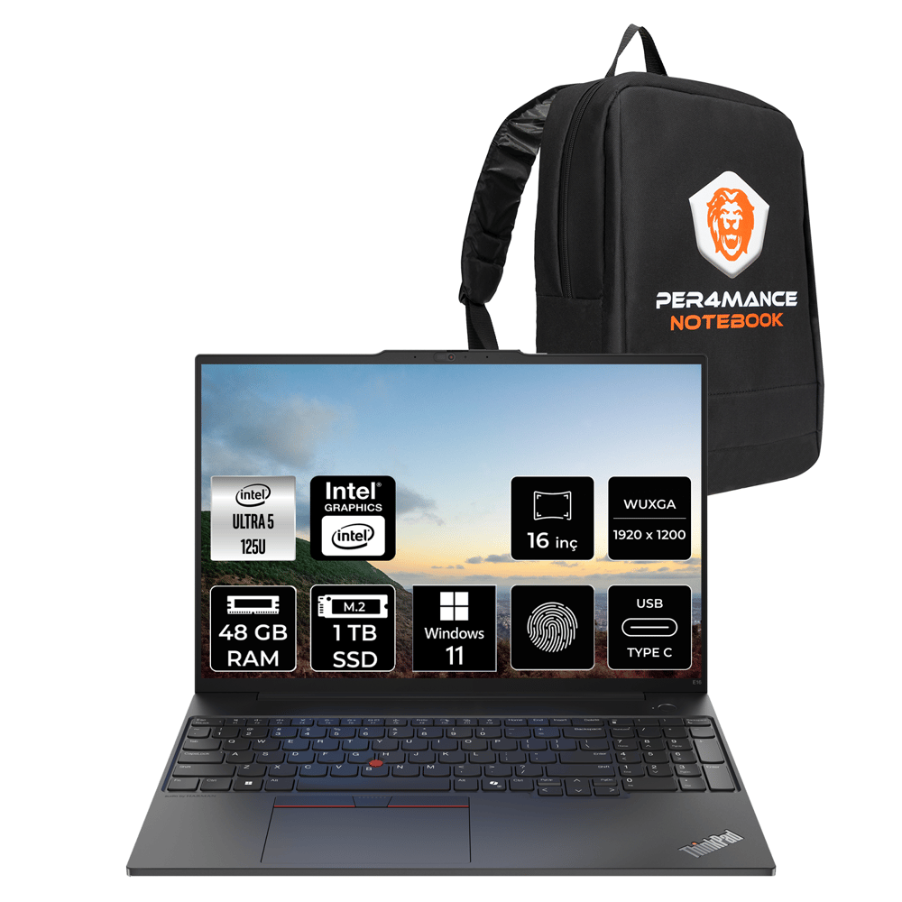 Lenovo Thinkpad E16 Intel Core Ultra 5 125U 48GB 1tb SSD 16'' Fhd+ W11P Taşınabilir Bilgisayar & Per4 Çanta 21MA003MTXP408