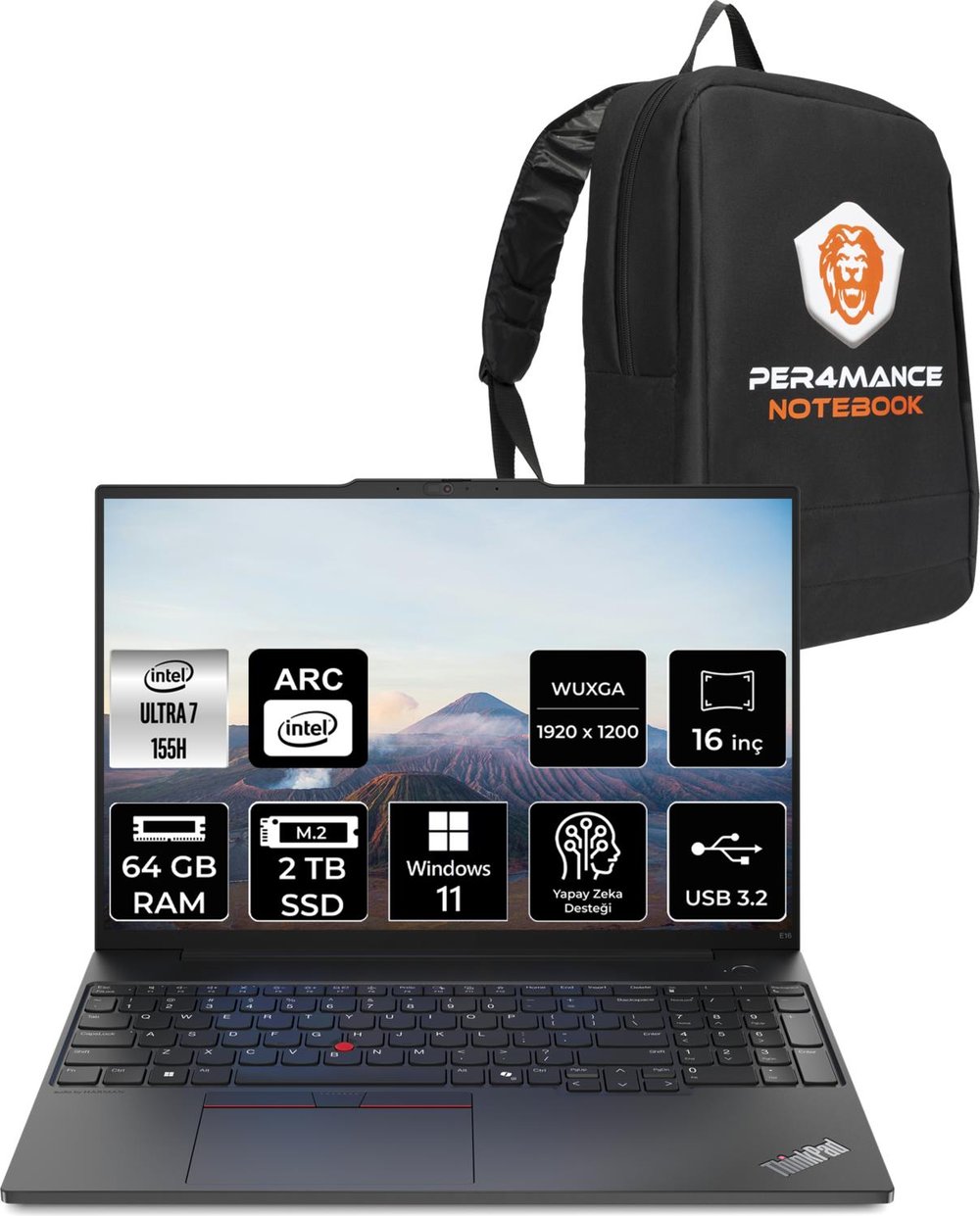 Lenovo Thinkpad E16 Intel Core Ultra 7 155H 64GB 2tb SSD 16'' Fhd+ W11H Taşınabilir Bilgisayar & Per4 Çanta 21MA002UTXP374