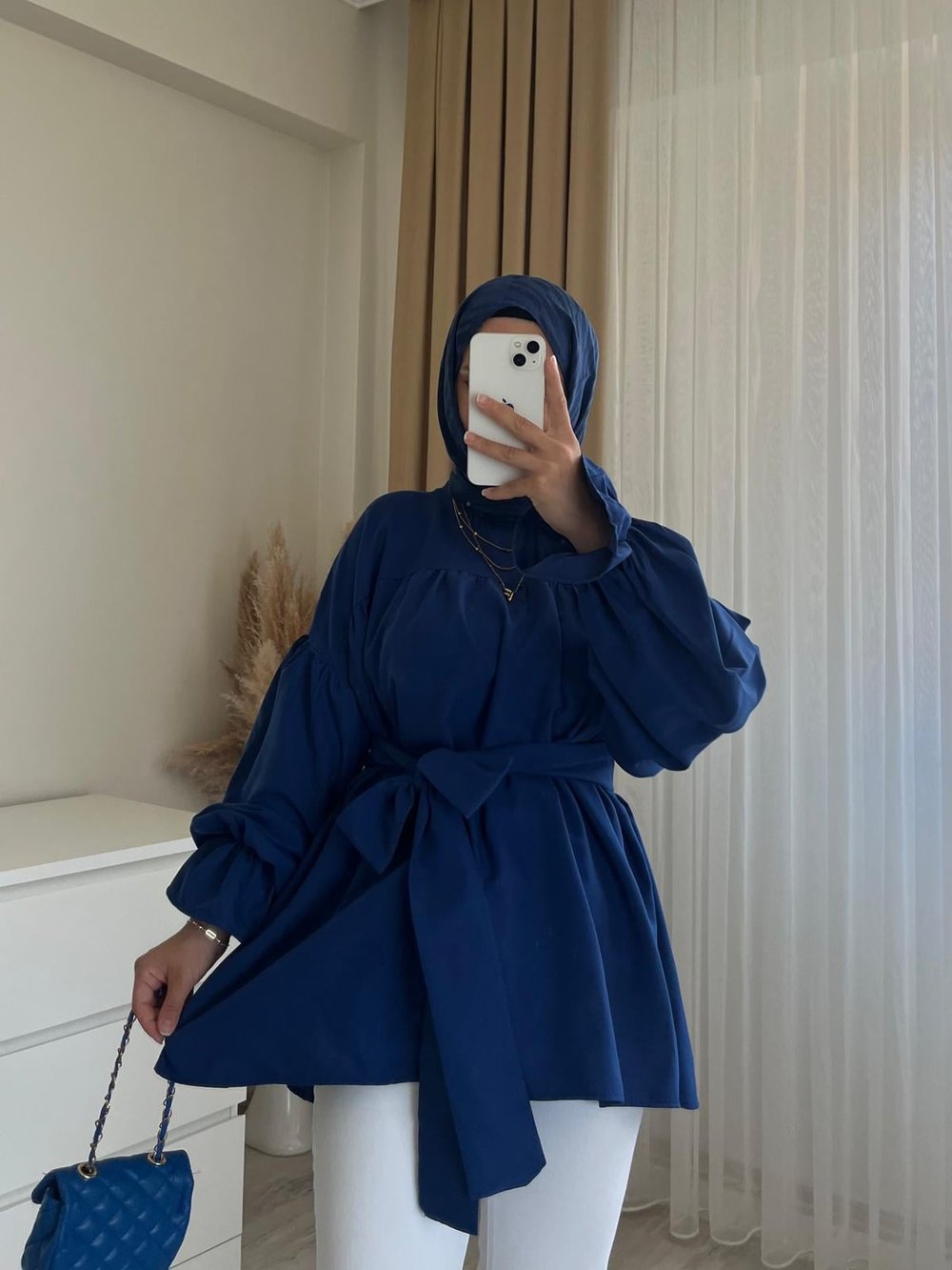KUŞAKLI SAKS MAVİ GÖMLEK