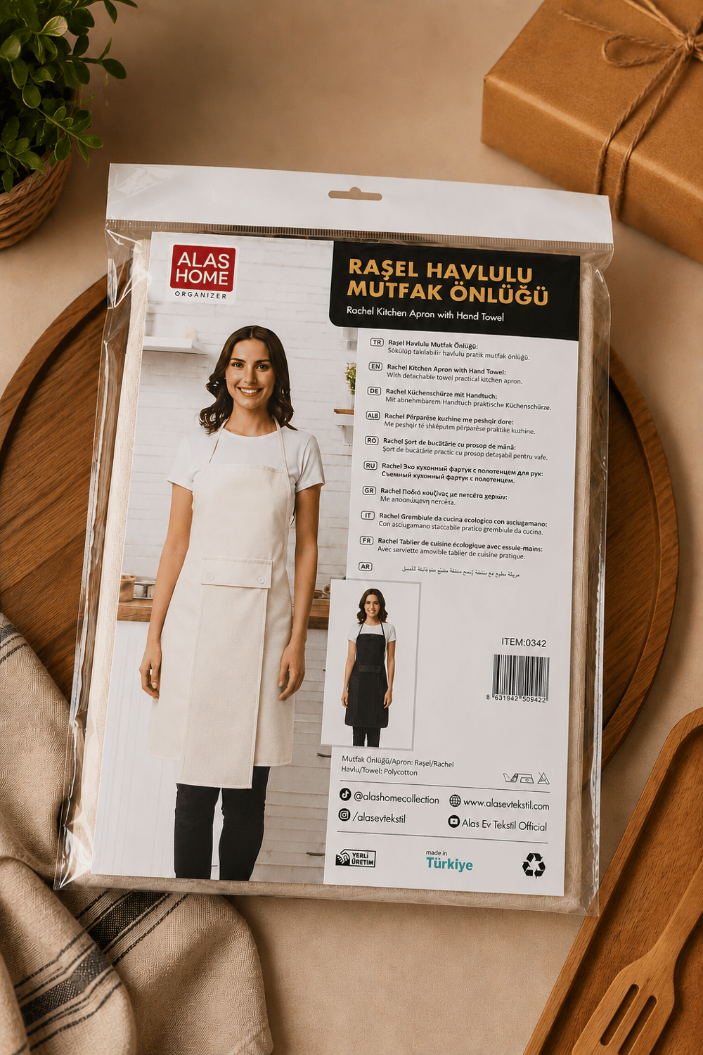 El Kurutma Havlulu Suya Dayanıklı Mutfak Önlüğü Krem