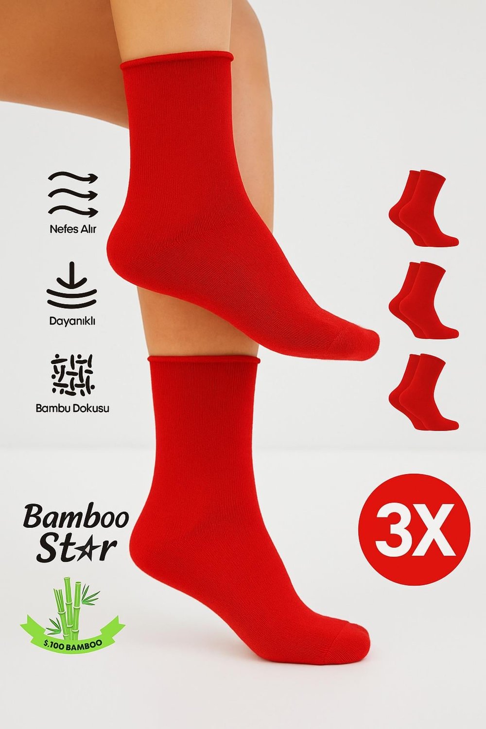 Bambu Kadın Kırmızı Lastiksiz Soket Dikişsiz Premium Çorap 3'lü Paket Sıkmayan Çorap / İz Bırakmaz