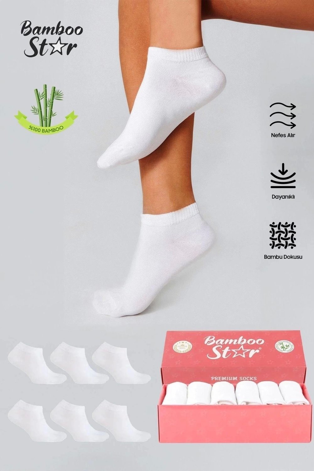 Bambu Kadın Patik Düz Beyaz Çorap Dikişsiz Premium Kutulu 6'lı