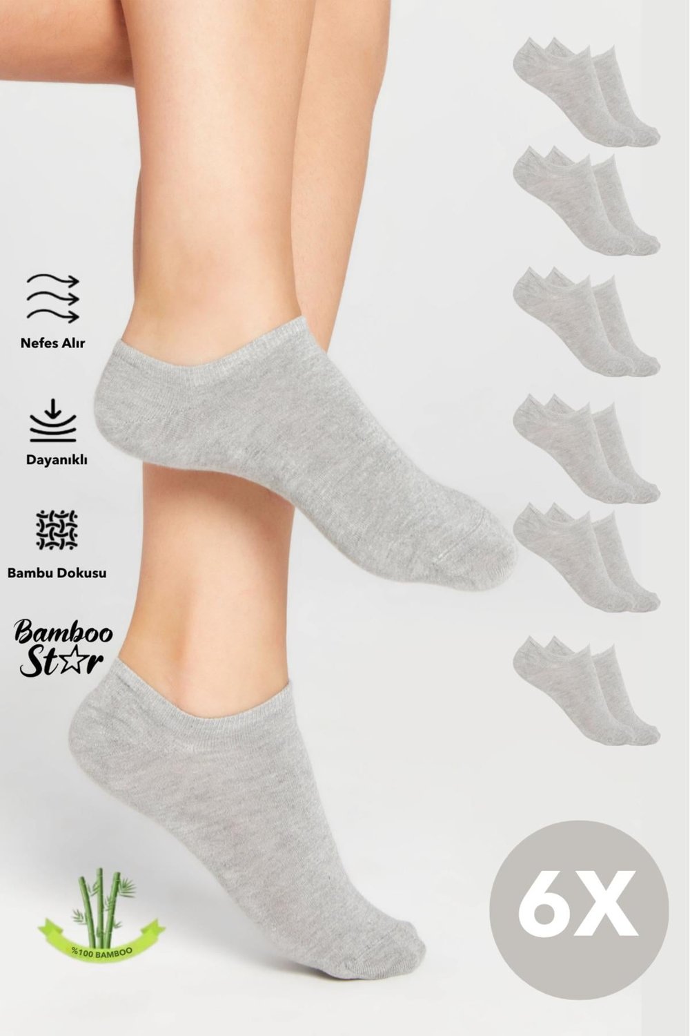 Bambu Kadın Sneaker Gri Çorap Dikişsiz Bilekte Görünmez Spor Çorap Premium 6'lı Paket
