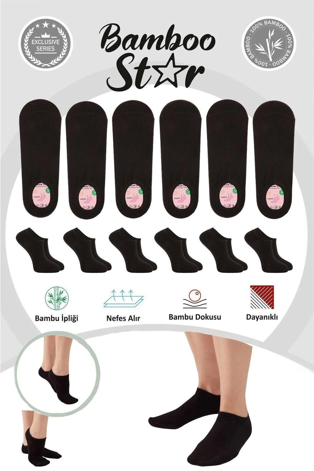 Bambu Kadın Sneaker Siyah Çorap Dikişsiz Görünmez Bilekte Görünmez Spor Çorap Premium 6'lı Paket