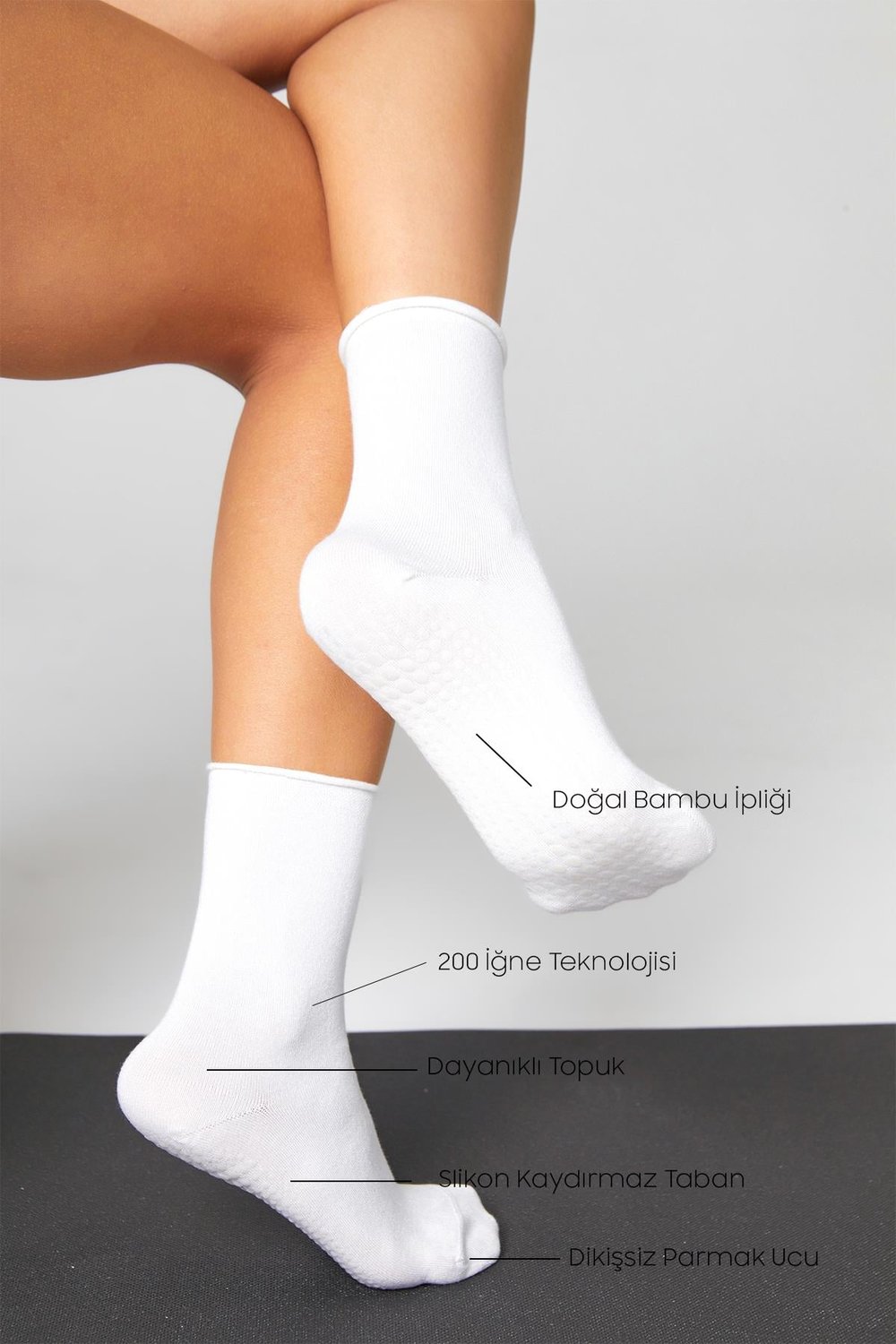 Bambu Kaydırmaz Taban Silikonlu Hac Umre Tavaf Hamile Pilates Yoga Lastiksiz Beyaz Çorap