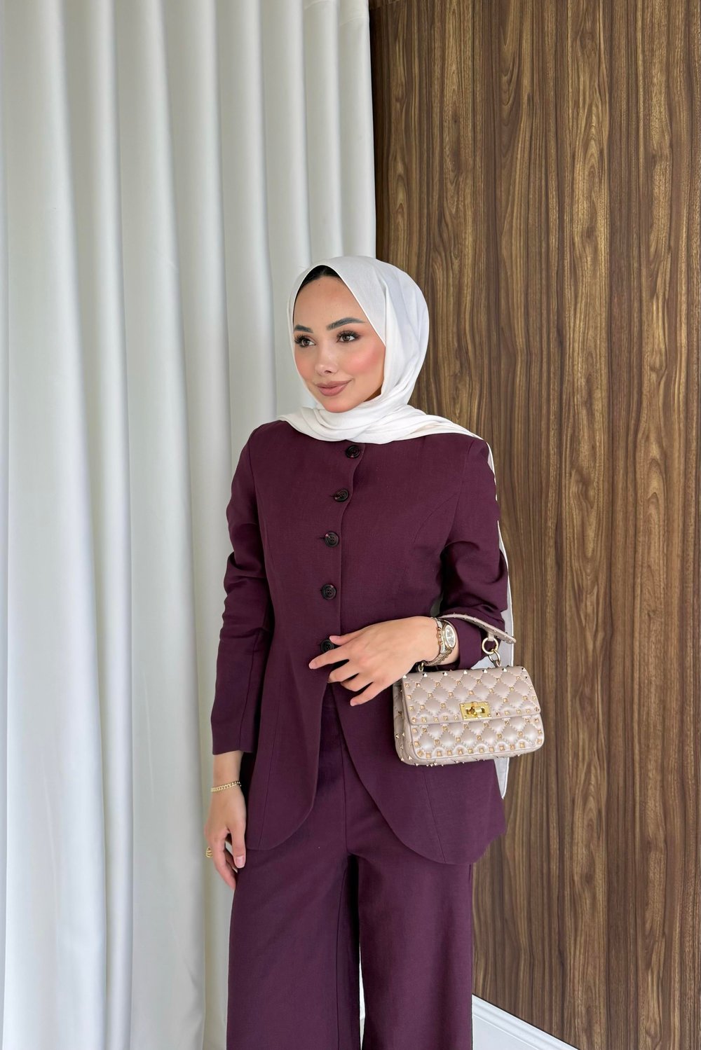 Belden oturtmalı keten takım bordo 