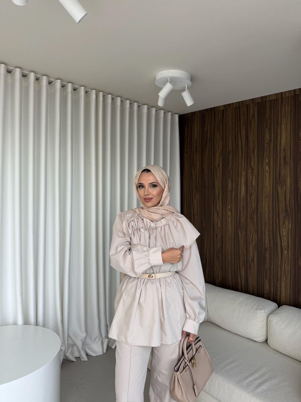 Fırfır Detaylı Pantolon Takım Bej