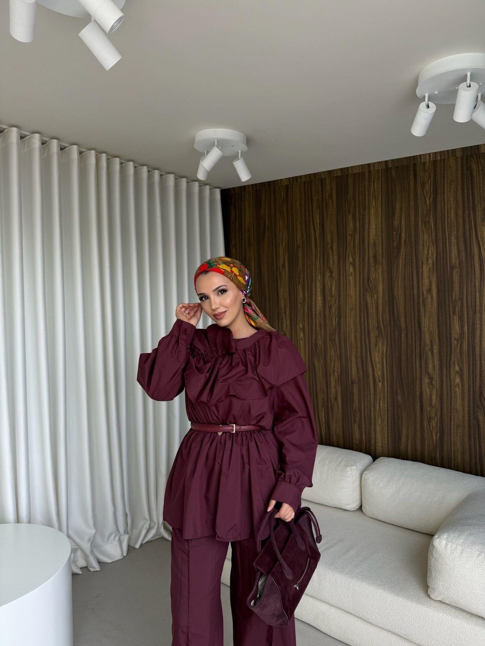 Fırfır Detaylı Pantolon Takım Bordo