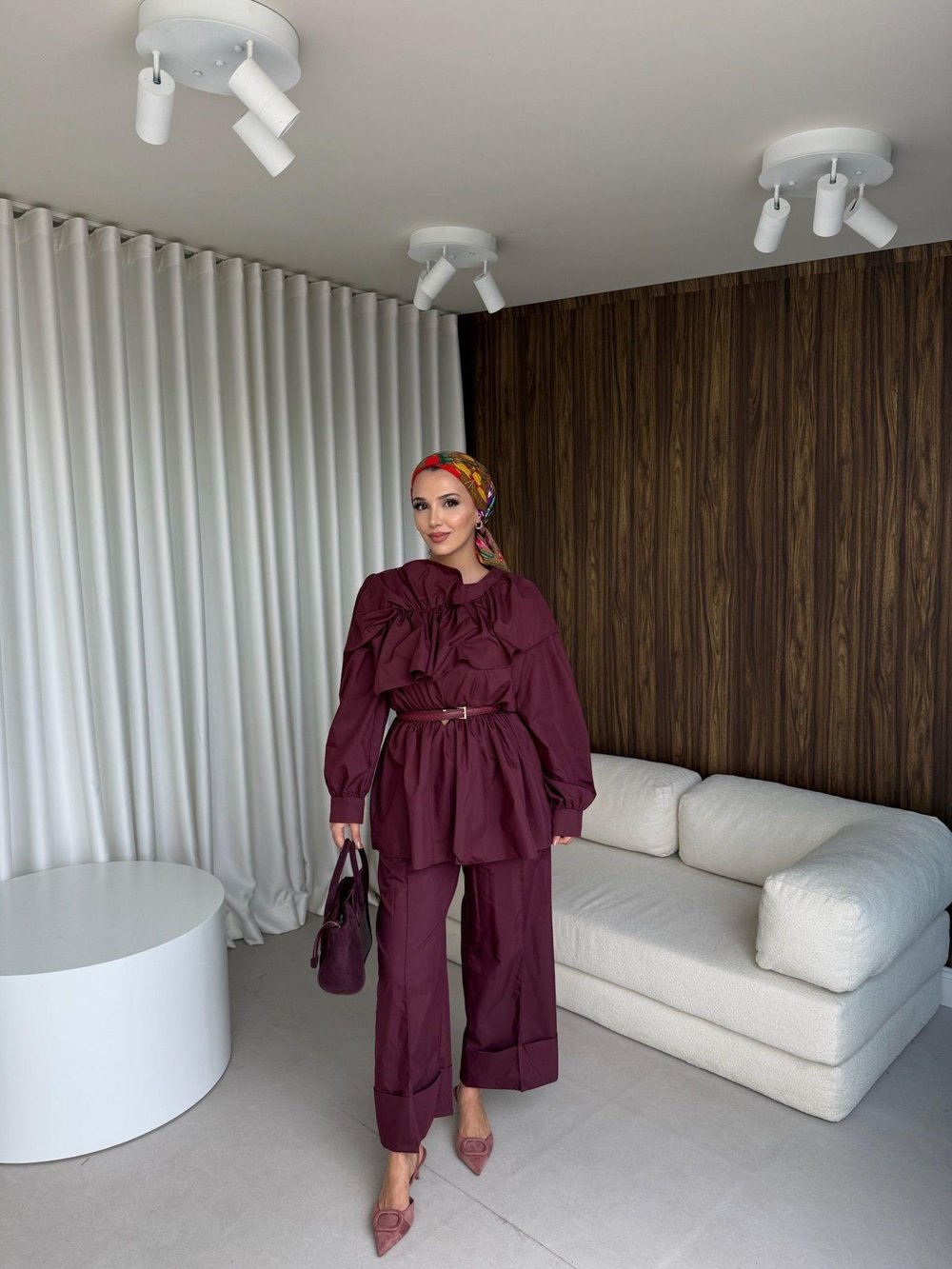 Fırfır Detaylı Pantolon Takım Bordo