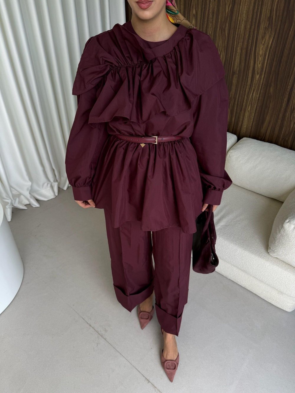 Fırfır Detaylı Pantolon Takım Bordo