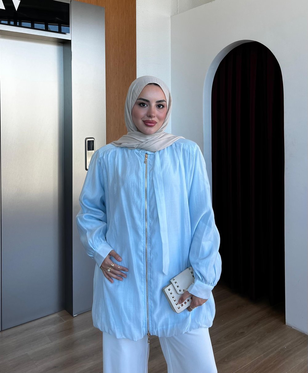 Organze kuşaklı ceket mavi (Ön Sipariş )