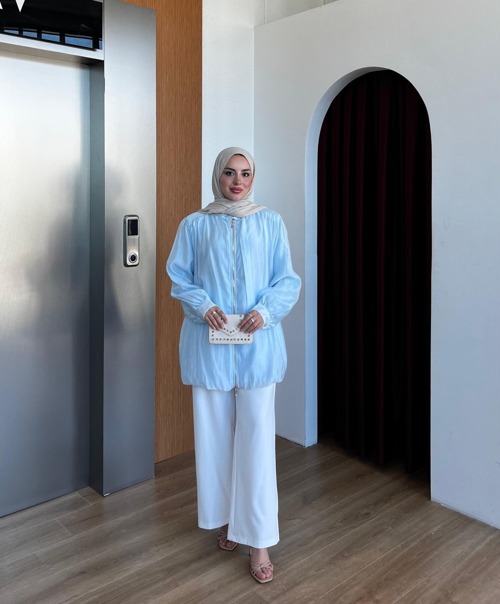 Organze kuşaklı ceket mavi (Ön Sipariş )