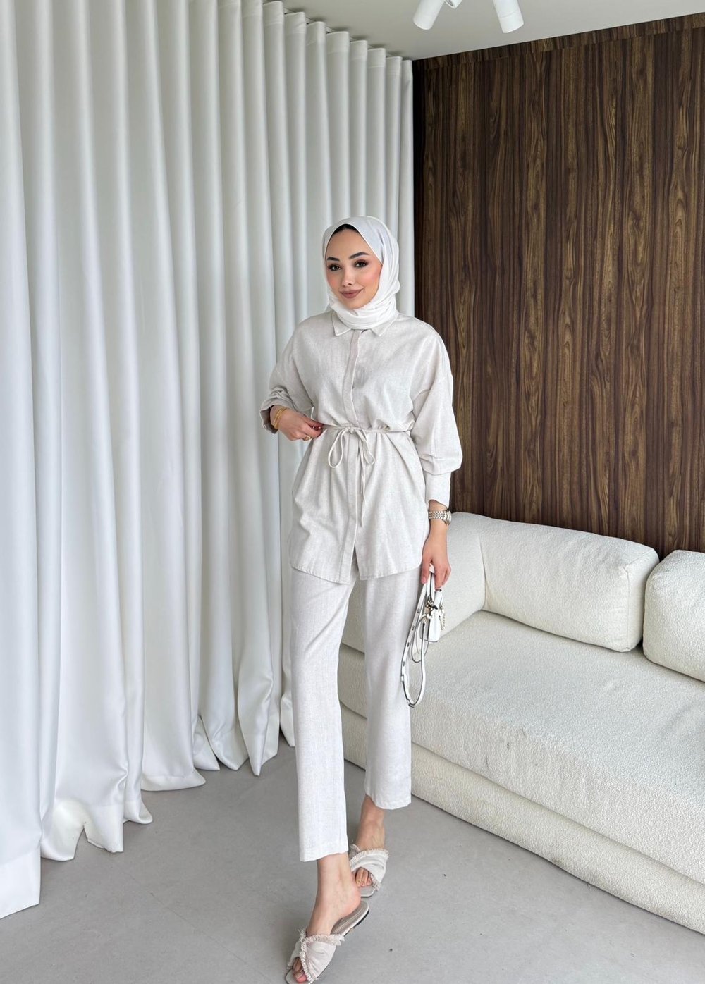 Pantalonlu Keten Takım Naturel