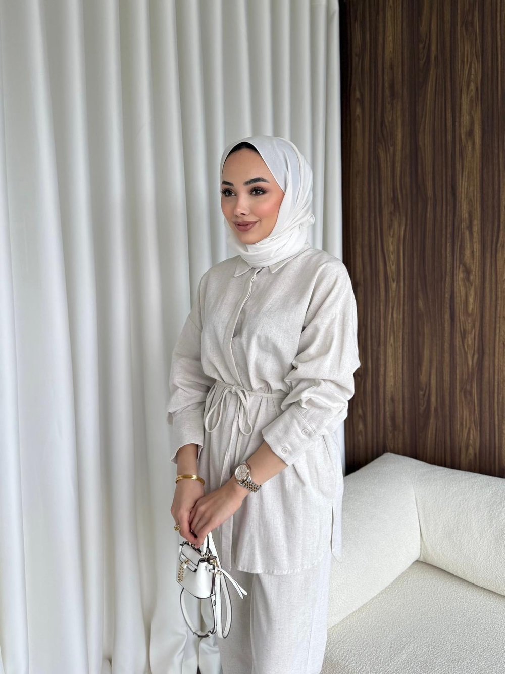 Pantalonlu Keten Takım Naturel