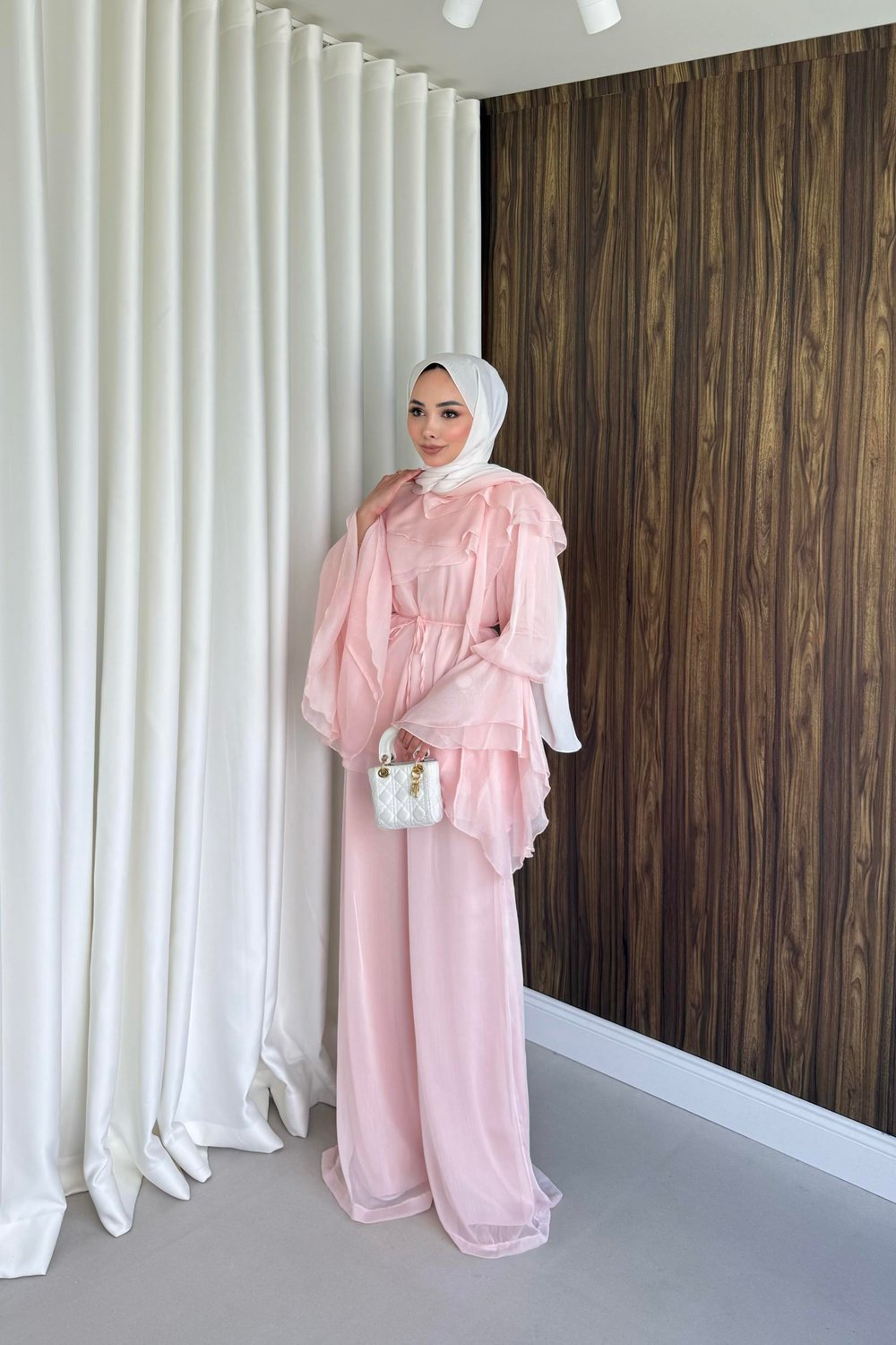 Volanlı şifon pantalonlu takım pembe 