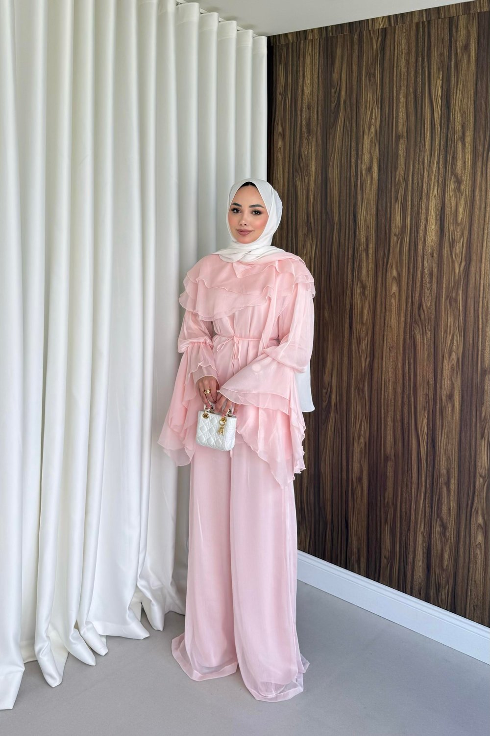 Volanlı şifon pantalonlu takım pembe 