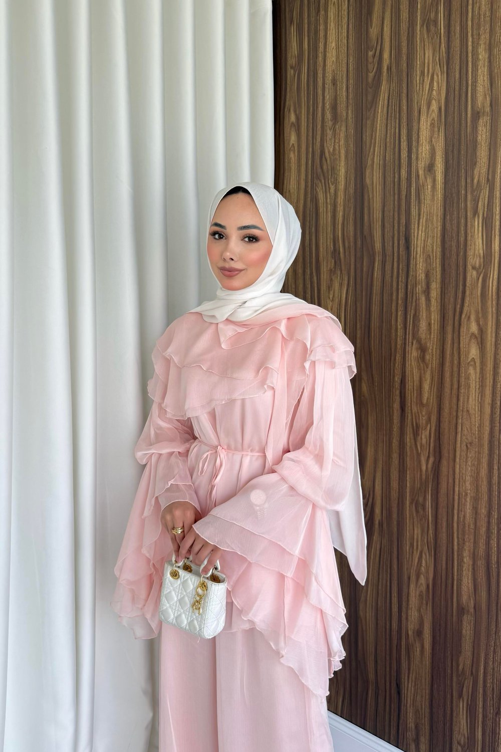 Volanlı şifon pantalonlu takım pembe 