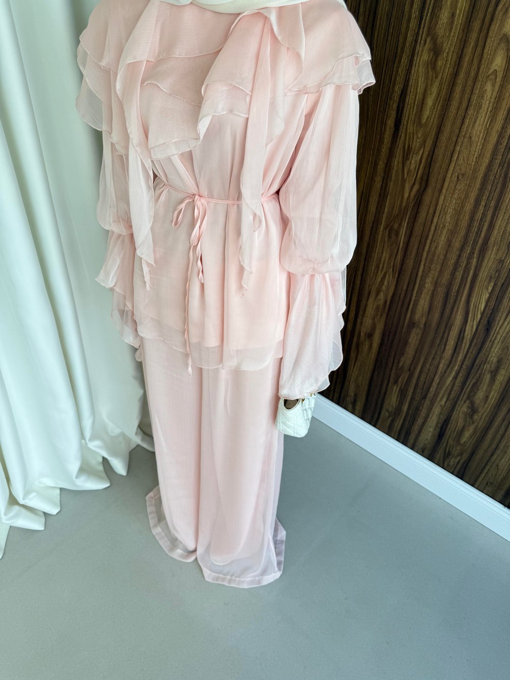 Volanlı şifon pantalonlu takım pembe 