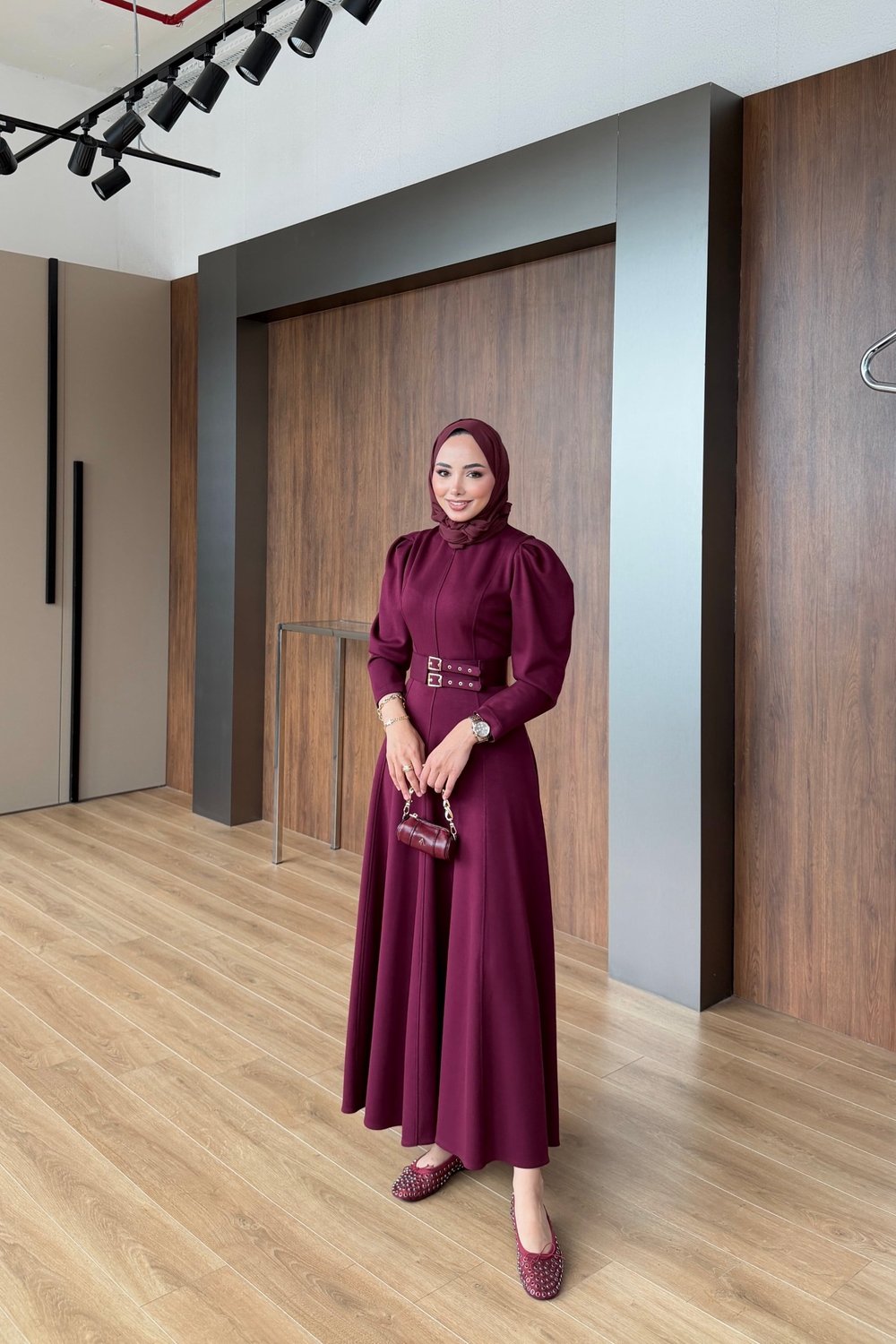 Yasemin Kemerli Elbise Bordo