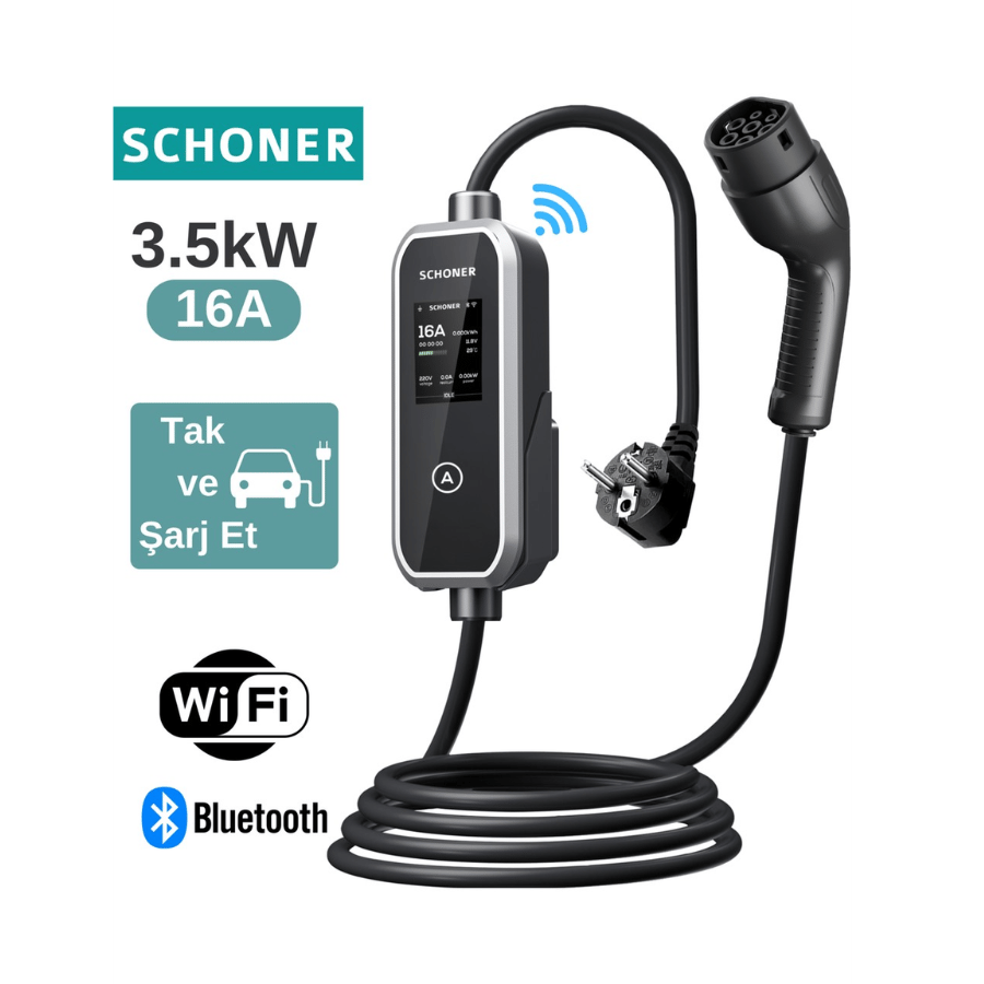 Schoner 3.5kw Taşınabilir Elektrikli Araç Şarj Istasyonu -Tak ve Şarj Et- Wi-Fi / Bluetooth Smart 5 Metre Tip2 Kablolu