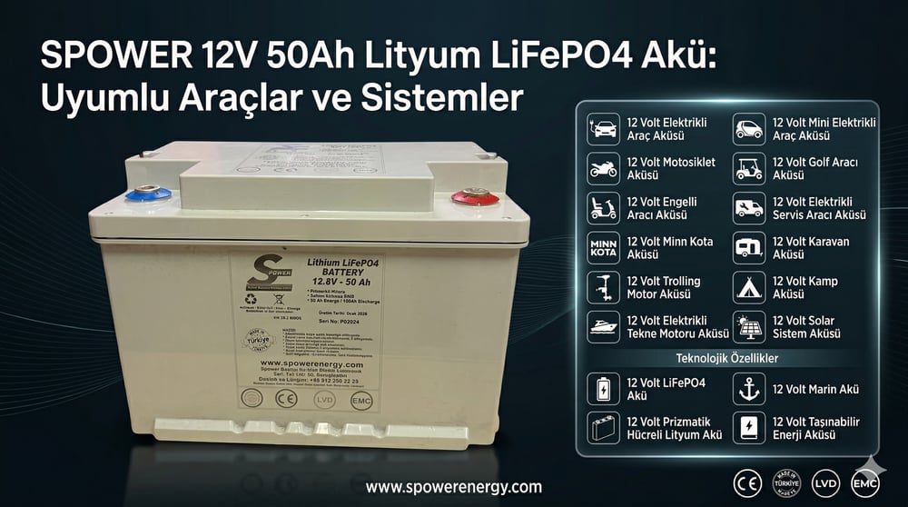 Spower 12 Volt 50Ah Prizmatik Hücreli LiFePO4 Akü