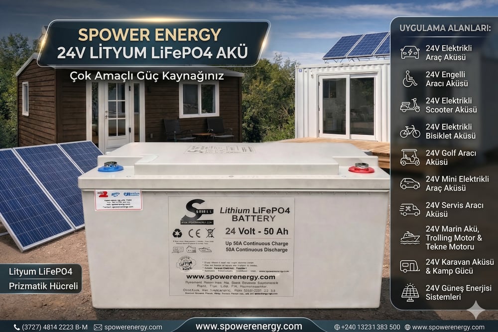 Spower 24 Volt 50Ah Bluetooth Kontrollü Prizmatik Hücreli LiFePO4 Akü