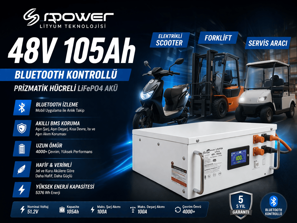 Spower 48 Volt 105Ah Bluetooth Kontrollü Prizmatik Hücreli LiFePO4 Akü