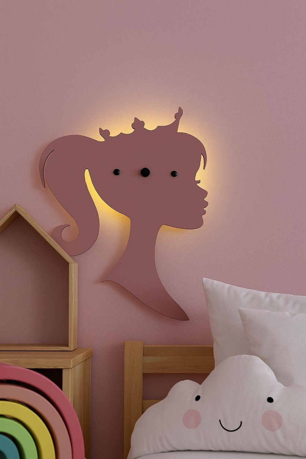 Prenses Pilli Aplik Pembe Ahşap